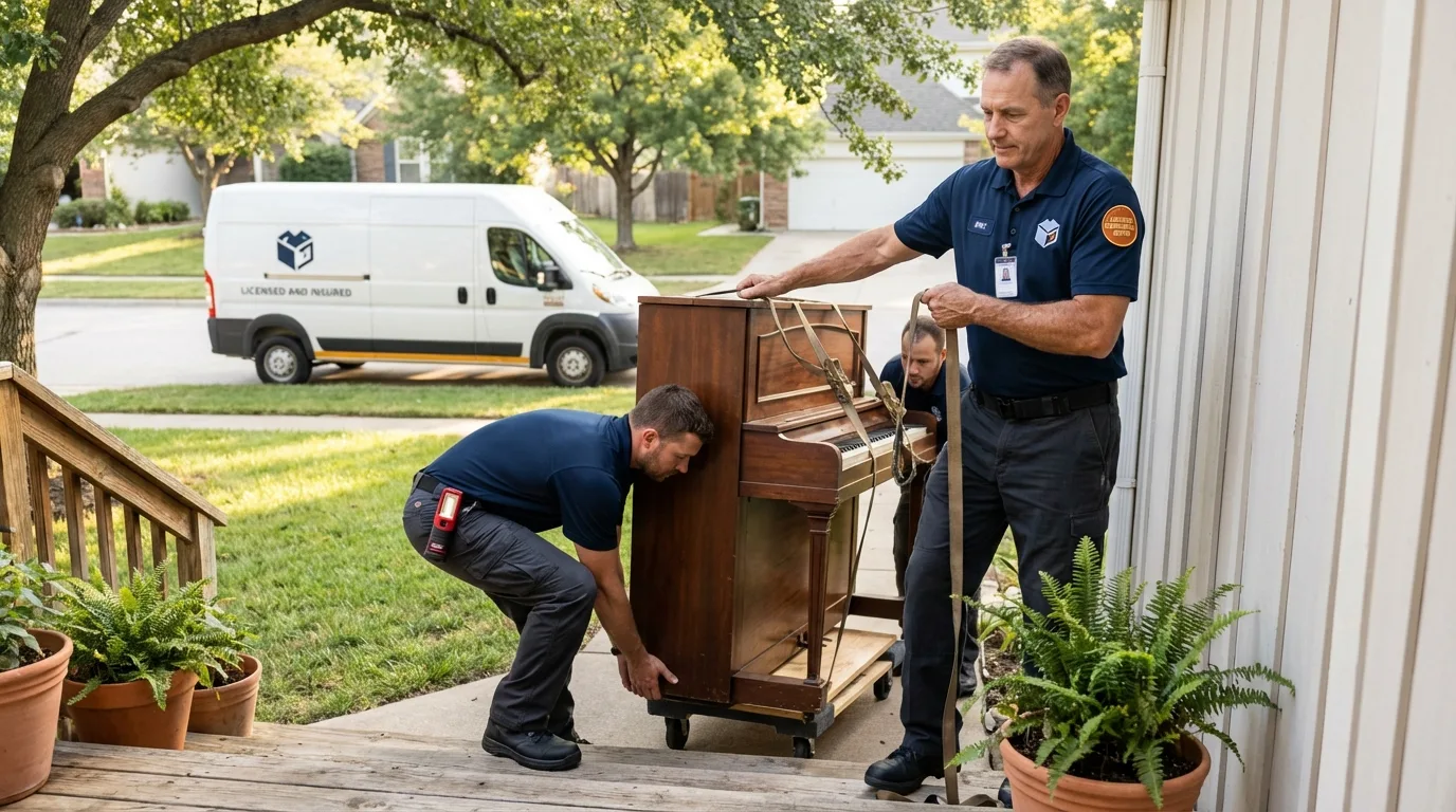 Licensed piano movers securing grand piano in Mount Vernon, NY