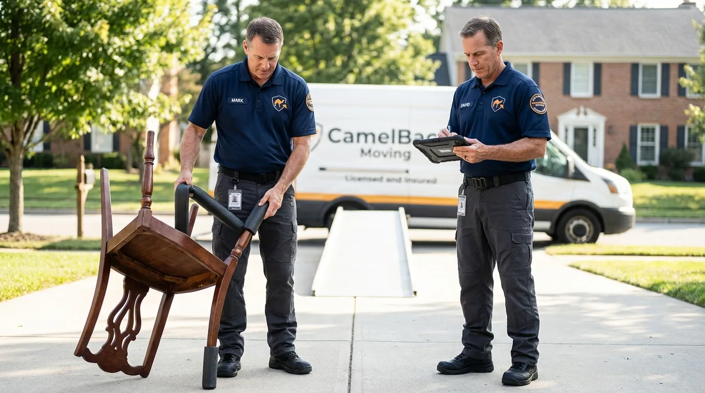 Movers inspecting furniture for damage prevention before loading in Mount Vernon, NY