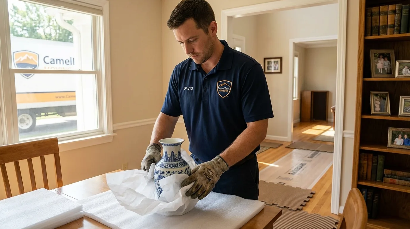 Professional crew carefully wrapping antique vase for senior downsizing move in Mount Vernon, NY